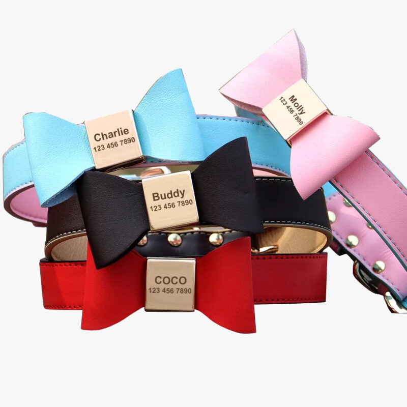 Collier Chien Personnalisé Poli avec noeud, disponible en 4 couleurs et 5 tailles