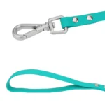 Laisse pour chien turquoise, ergonomique et durable avec clip métallique.