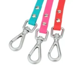 Laisses colorées pour chiens avec clips métalliques, alliant style et sécurité pour vos promenades.