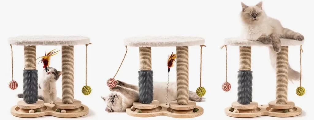 <p style="font-weight: 400;"> Notre arbre à chat design vous aide à créer un paradis de joie pour votre félin. </p> <p style="font-weight: 400;"><span style="font-weight: 400;"> C’est un essentiel pour le jeu, la repose et l’observation en hauteur. Combiné de peluche, de bois et de sisal, il crée son paradis de détente et de divertissement en toute sécurité. Le design chic ajoute une touche décorative à votre domicile. </span> [cg_accordion title="Matériau"] Peluche + Bois + Sisal + Caoutchouc [/cg_accordion] [cg_accordion title="Avantage"]</p> <ul style="font-weight: 400;"> <li>Polyvalent pour tous les moments de joie et de détente (s’amuser/se relaxer/observer...) </li> <li>Peluche avec support du bois massif pour un confort et un solidité optimaux </li> <li>Design chic ajoute une déco contemporaine à domicile </li> <li>Plumes à ressort & boules suspendues pour les divertissements variants </li> <li>Fond avec jouet chat interactif pour une expérience ludique supplémentaire </li> <li>Design en auto-toiletteur pour aider à enlever et à récupérer les poils lâches de votre chat </li> <li>Supports enveloppés de sisal crée son espace idéal pour griffer [/cg_accordion] [custom_combined_shortcode title=" Guide de tailles" id="30320"] [cg_accordion title="Livraison"] Livraison dans un délai de 7 à 28 jours ouvrables dès votre commande validée. <span lang="FR"> </span>[/cg_accordion][cg_accordion title="Retour"] En cas d’insatisfaction, vous avez 14 jours à partir de la réception pour demande un retour. [/cg_accordion]</li> </ul>