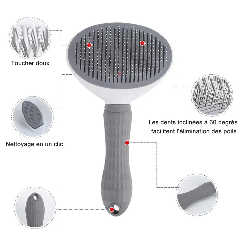<p style="font-weight: 400;">Cette brosse chien, vous permet de donner à votre canin une expérience sympathique de brossage à domicile. </p> <p style="font-weight: 400;"><span style="font-weight: 400;"> Que ce soit pour éliminer poils lâches, les nœuds, pour enlever la saleté ou simplement lui faire un massage agréable, ses aiguilles en inox enveloppées de caoutchouc aux extrémités créent un bien-être adorable et un confort doux, procurant son pur bonheur. </span> [cg_accordion title="Matériau"] ABS + Inox + Caoutchouc TPR [/cg_accordion] [cg_accordion title="Avantage"]</p> <ul style="font-weight: 400;"> <li>Cette brosse pour chien est dotée des aiguilles réglables à 60°, pénétrant profondément les poils courts et longs </li> <li>Polyvalent pour éliminer nœuds, poils lâches, saleté et procure un massage agréable </li> <li>Épingles en Inox enveloppées de caoutchouc TPR aux extrémités rendent une sensation douce, un confort optimal et une toilettage efficace </li> <li>Bouton clic-clac pour retirer facilement les poils brossés [/cg_accordion] [custom_combined_shortcode title=" Guide de tailles" id="36453"] [cg_accordion title="Livraison"] La livraison s’effectuera dans un délai de 7 à 28 jours ouvrables dès la validation de votre commande. <span lang="FR"> </span>[/cg_accordion][cg_accordion title="Retour"] Si, pour quelque raison que ce soit, vous n'êtes pas pleinement satisfait, une demande de retour serait possible dans les 14 jours suivant la réception.[/cg_accordion]</li> </ul>