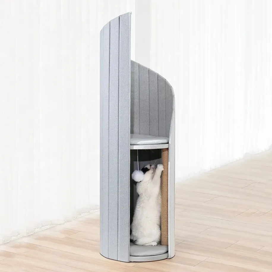 <p style="font-weight: 400;">Offrez à votre félin un monde de luxe et de détente avec notre arbre à chat design chic.</p> <p style="font-weight: 400;"><span style="font-weight: 400;"> Doté d’une structure en bois enveloppé de tissu et des coussins en peluche moelleuse, il crée leur palais moderne au summum du confort. Disponible en deux coloris, c’est également un meuble délicat s’adaptant parfaitement à votre déco intérieure. </span> [custom_combined_shortcode title=" Matériau" id="31193"] [cg_accordion title="Avantage"]</p> <ul style="font-weight: 400;"> <li>Polyvalent pour tout type de détente (dormir/faire une sieste/se relaxer/se cacher/ramper/observer son royaume en hauteur...)</li> <li>Clôture en courbe sinueuse crée un design chic et ajoute une touche décorative</li> <li>Combinaison de bois, de tissu, de mousse crée cette niche pour chat robuste et confortable</li> <li>Diamètre de 40 cm avec une espace vertical pour gain de place</li> <li>Base stable avec centre de gravité renfoncé pour une jouabilité énergie sans secousse</li> <li>Tissu en haute densité mélangé de polyester et de coton ayant la meilleure respirabilité, durabilité et esthétique</li> <li>Coussins avec housse amovible pour un entretien pratique</li> <li>Design pliable pour un rangement facile</li> <li>Boule suspendu et griffoir vertical incitant la grattage, l’interaction et au jeu</li> <li>Deux étages offrant une possibilité pour accueillir plusieurs chats ensemble [/cg_accordion] [custom_combined_shortcode title=" Guide de tailles" id="31192"] [cg_accordion title="Livraison"] Livraison sera effectuée dans un délai de 7 à 28 jours ouvrables dès votre commande validée. <span lang="FR"> </span>[/cg_accordion][cg_accordion title="Retour"] En cas d’insatisfaction, vous avez 14 jours à partir de la réception pour demande un retour. [/cg_accordion]</li> </ul>
