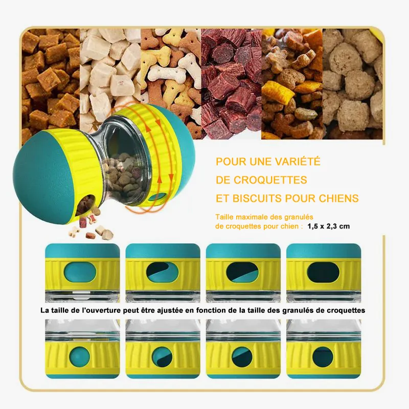 <p style="font-weight: 400;">Ce distributeur de croquettes pour chien, vous permet d’enrichir la vie de votre canin !</p> <p style="font-weight: 400;"><span style="font-weight: 400;"> Que ce soit pour s’amuser comme un jouet roulant ou simplement pour distribuer de nourriture, il crée un plaisir sans fin et une expérience ludique pour votre chien. Cela l’aidera non seulement à libérer son énergie, mais également à stimuler son intelligence. </span> [cg_accordion title="Matériau"] ABS Alimentaire [/cg_accordion] [cg_accordion title="Avantage"]</p> <ul style="font-weight: 400;"> <li>Ce distributeur croquette chien est polyvalent comme un jouet roulant, aidant votre canin à libérer son énergie</li> <li>Tentation alimentaire pour encourager le plaisir et l’engagement, tout en stimulant son intelligence</li> <li>Favorise l’alimentation plus lente anti-glouton en réduisant la charge digestive</li> <li>Anti stress et solitude, surtout pendant votre absence</li> <li>Se roule doucement selon la légère poussée de votre chien</li> <li>ABS pour une facilité d’entretien et un usage en toute sécurité [/cg_accordion] [custom_combined_shortcode title=" Guide de tailles" id="35804"] [cg_accordion title="Livraison"] La livraison s’effectuera dans un délai de 7 à 28 jours ouvrables dès la validation de votre commande. <span lang="FR"> </span>[/cg_accordion][cg_accordion title="Retour"] Si, pour quelque raison que ce soit, vous n'êtes pas pleinement satisfait, une demande de retour serait possible dans les 14 jours suivant la réception.[/cg_accordion]</li> </ul>