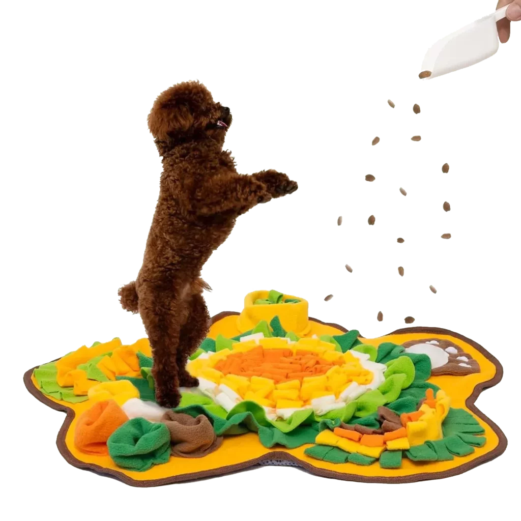 <p style="font-weight: 400;">Offrez à votre canin un plaisir de renifler avec ce tapis de fouille chien ! </p> <p style="font-weight: 400;"><span style="font-weight: 400;"> Il crée son expérience sensorielle tout en explorant ses friandises joyeusement. Cela lui permet ainsi de libérer ses énergies pendant son jeu ludique. Enrichissez la vie de votre toutou dès maintenant. </span> [cg_accordion title="Matériau"] Polymère (Secteur Alimentaire) [/cg_accordion] [cg_accordion title="Avantage"]</p> <ul style="font-weight: 400;"> <li>C’est un tapis de fouille pour chien qui peut stimuler ses capacités olfactives </li> <li>Entraînement au reniflement pendant 10mn équivaut à 1h de course, aidant donc à libérer son énergie </li> <li>Favorise l’alimentation plus lente en réduisant la charge digestive </li> <li>Stimule son intelligence et soulage les douleurs dentaires en cas de besoins </li> <li>Détails attractifs pour encourager le plaisir et l’engagement </li> <li>Peluche pour une facilité d’entretien et une utilisation en toute sécurité </li> <li>Anti stresse/solitude surtout pendant vos absences [/cg_accordion] [custom_combined_shortcode title=" Guide de tailles" id="32867"] [cg_accordion title="Livraison"] La livraison s’effectuera dans un délai de 7 à 28 jours ouvrables dès la validation de votre commande. <span lang="FR"> </span>[/cg_accordion][cg_accordion title="Retour"] Si, pour quelque raison que ce soit, vous n'êtes pas pleinement satisfait, une demande de retour serait possible dans les 14 jours suivant la réception.[/cg_accordion]</li> </ul>