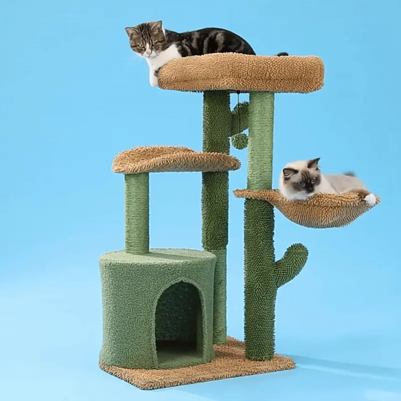 <p style="font-weight: 400;">Offrez à votre félin le summum du confort et de la joie avec notre arbre à chat design.</p> <p style="font-weight: 400;"><span style="font-weight: 400;"> Combiné de peluche, d bois et de sisal, il présente un espace moelleux et robuste pour tout type de détente et de jeu. Une niche avec étages multiples est amicale pour les foyers comptant plusieurs chats. </span> [cg_accordion title="Matériau"] Peluche + Bois + Sisal [/cg_accordion] [cg_accordion title="Avantage"]</p> <ul style="font-weight: 400;"> <li>Il s’agit un arbre à chat original avec niche et plateformes en différentes hauteurs pour accueillir plusieurs chat ensemble</li> <li>Polyvalent pour toutes les activités de détentes (dormir/se reposer/s’amuser/observer son royaume en hauteur...)</li> <li>Peluche épaisse avec support du bois assure un confort optimal et une solidité remarquable</li> <li>Boules à ressort et suspendue ainsi les branches de cactus invitent votre chat à jouer et s’amuser</li> <li>Grand socle enveloppé de peluche pour éviter tout glissement lors des sauts</li> <li>Parties en sisal créent de l’espace idéal pour griffer</li> <li>Design chic inspiré d’une oasis de désert pour une déco intérieure sympa [/cg_accordion] [custom_combined_shortcode title=" Guide de tailles" id="30883"] [cg_accordion title="Livraison"] Livraison sera effectuée dans un délai de 7 à 28 jours ouvrables dès votre commande validée. <span lang="FR"> </span>[/cg_accordion][cg_accordion title="Retour"] En cas d’insatisfaction, vous avez 14 jours à partir de la réception pour demande un retour. [/cg_accordion]</li> </ul>