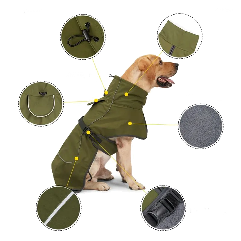 <p style="font-weight: 400;">Ce manteau chien imperméable, vous permet d’offrir à votre canin une protection optimale et une isolation ultime ! </p> <p style="font-weight: 400;"><span style="font-weight: 400;">Que ce soit pour une promenade sous la pluie, une balade sous la neige ou une virée au marché en hiver, votre chien sera au centre d’attention, attirant plein d’amour des autres. </span> [cg_accordion title="Matériau"] Polaire + Polyester [/cg_accordion] [cg_accordion title="Avantage"]</p> <ul style="font-weight: 400;"> <li>Ce manteau imperméable pour chien crée un look super cool à votre canin en attirant donc plein d’affection et d’attention de tous </li> <li>Polyvalent pour les promenades sous la pluie, les balades enneigées ou simplement des sorties hivernales </li> <li>Combinaison de polaire et de polyester assure un confort ultime, une isolation optimale et une respirabilité idéale </li> <li>Boucle élastique permet un ajustement parfait, assurant une double isolation pour bien envelopper son corps </li> <li>Design coupe-vent avec col haut également bande réfléchissante garantit une protection complète, même dans l’obscurité </li> <li>Doté d’une partie réservée pour attacher une laisse et d’une double fixation avec boucle clic-clac pour un maintien sécurisé et une mise facile </li> <li>Coton assure un confort idéal, une respirabilité optimale et une utilisation durable [/cg_accordion] [custom_combined_shortcode title=" Guide de tailles" id="35309"] [cg_accordion title="Livraison"] La livraison s’effectuera dans un délai de 7 à 28 jours ouvrables dès la validation de votre commande. <span lang="FR"> </span>[/cg_accordion][cg_accordion title="Retour"] Si, pour quelque raison que ce soit, vous n'êtes pas pleinement satisfait, une demande de retour serait possible dans les 14 jours suivant la réception.[/cg_accordion]</li> </ul>