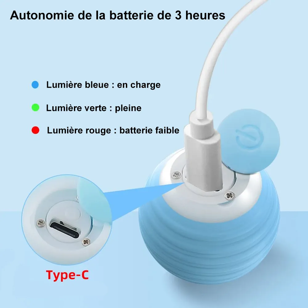 <p style="font-weight: 400;">Offrez à votre félin des instants de bonheur avec cette balle interactive chat !</p> <p style="font-weight: 400;"><span style="font-weight: 400;">La silicone crée une sécurité optimale, une légèreté ultime et une utilisation durable. C’est également son compagnon intelligent pour qu’il puisse se divertir tout seul heureusement en soulageant le stress et la solitude. </span> [cg_accordion title="Matériau"] Plastique + Silicone [/cg_accordion] [cg_accordion title="Avantage"]</p> <ul style="font-weight: 400;"> <li>Il s’agit d’une balle pour chat auto-roulante stimulant sa compétence naturelle de chasse et curiosité</li> <li>Capteur tactile intégré pour l’activation et la veille faciles</li> <li>Mouvement avec inversion automatique en cas d’obstacles</li> <li>Plastique enveloppé de silicone est douce et léger qui résistante également aux morsures</li> <li>Design avec bruit réduit & rebond lent</li> <li>Rechargeable via USB Type-C (Une fois de charge pour env. 3H de jeu)</li> <li>Aide à soulager le stress et la solitude [/cg_accordion] [cg_accordion title="Taille"] Diamètre : 4,2 cm [/cg_accordion] [cg_accordion title="Livraison"] La livraison s’effectuera dans un délai de 7 à 28 jours ouvrables dès la validation de votre commande. <span lang="FR"> </span>[/cg_accordion][cg_accordion title="Retour"] Si, pour quelque raison que ce soit, vous n'êtes pas pleinement satisfait, une demande de retour serait possible dans les 14 jours suivant la réception. [/cg_accordion]</li> </ul>