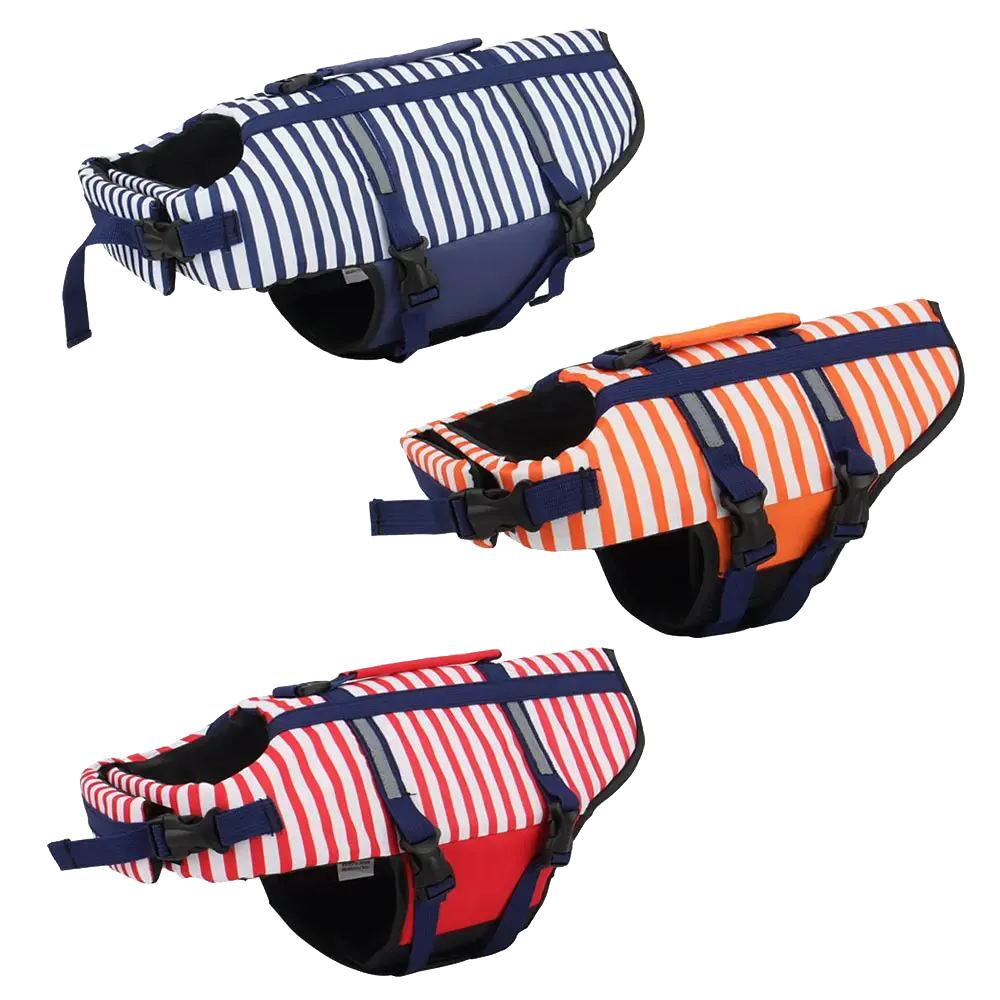 Gilets de sauvetage colorés pour chiens, sûrs et confortables pour les activités aquatiques.