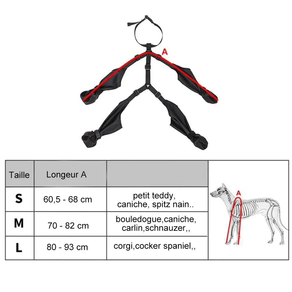 <p style="font-weight: 400;">Ce set de chaussures pour chien imperméables, laisse votre canin explorer le monde en éloignant l’humidité et de la saleté ! </p> <p style="font-weight: 400;"><span style="font-weight: 400;"> Que ce soit pour les promenades dans le quartier, les escapades à la compagne sous la pluie ou les sorties dans intempéries, il donne à votre chien une protection propre, créant son pur bonheur ! </span> [cg_accordion title="Matériau"] Polyester [/cg_accordion] [cg_accordion title="Avantage"]</p> <ul style="font-weight: 400;"> <li>Cet ensemble de chaussures chien aide votre canin à éloigner l’humidité et de la saleté </li> <li>Polyvalent pour les balades dans le quartier, les promenades sous la pluie ou simplement les sorties dans intempéries </li> <li>Fermeture auto-agrippant pour une mise facile </li> <li>Boucles réglables font des ajustements parfaits </li> <li>Design intégré au collier maintient les chaussons en place sans risque de chute </li> <li>Polyester assure une imperméabilité optimale et une respirabilité ultime </li> <li>Texture antidérapant garantit une protection sécurisée [/cg_accordion] [custom_combined_shortcode title=" Guide de tailles" id="36261"] [cg_accordion title="Livraison"] La livraison s’effectuera dans un délai de 7 à 28 jours ouvrables dès la validation de votre commande. <span lang="FR"> </span>[/cg_accordion][cg_accordion title="Retour"] Si, pour quelque raison que ce soit, vous n'êtes pas pleinement satisfait, une demande de retour serait possible dans les 14 jours suivant la réception.[/cg_accordion]</li> </ul>