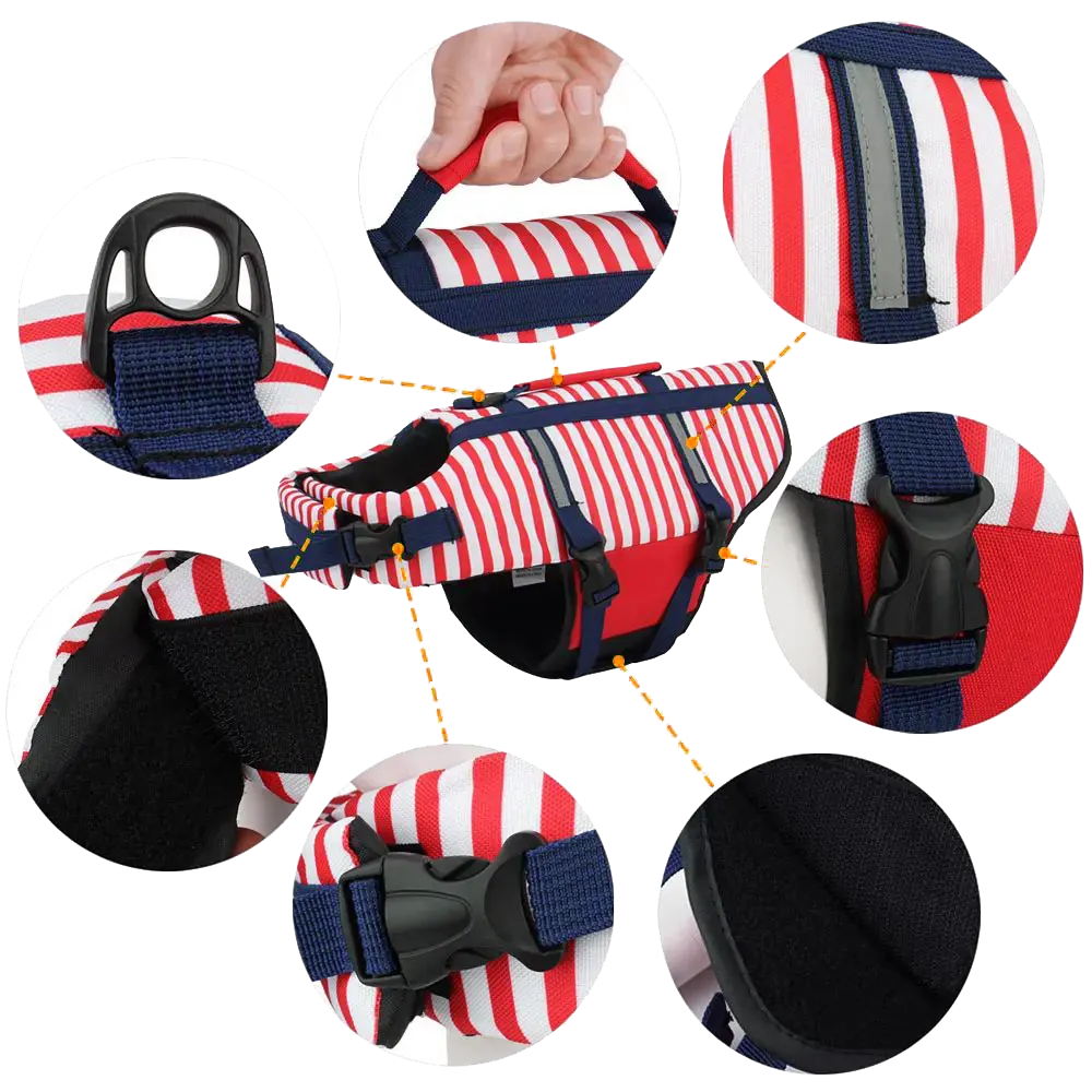 <p style="font-weight: 400;">Donnez à votre canin une protection optimale, un confort stylé avec ce gilet de sauvetage pour chien ! </p> <p style="font-weight: 400;"><span style="font-weight: 400;">Que ce soit pour une baignade à la plage, une sortie en mer ou une balade en bateau au lac, cela vous permet de garder votre chien en toute sécurité ! </span> [cg_accordion title="Matériau"] Polyester + Mousse [/cg_accordion] [cg_accordion title="Avantage"]</p> <ul style="font-weight: 400;"> <li>Il s'agit d'un gilet sauvetage chien polyvalent pour les activités aquatiques (la natation, les balades au lac, les sorties en mer, les amusements sur la plage...) </li> <li>Poignée située au-dessus offre une prise en main facile et une assistance rapide en cas d'urgence dans l’eau </li> <li>Fermeture auto-agrippante avec des boucles clic-clac permet une mise en place facile et une détachement rapide, constituant une protection renforcée sans mauvaise surprise </li> <li>Polyester rempli de mousse assure une sécurité optimale, un séchage rapide et un drainage ultime </li> <li>Bandes réfléchissantes présente une visibilité accrue même dans l'obscurité </li> <li>Doté d'une boucle réservée pour attacher une laisse [/cg_accordion] [custom_combined_shortcode title=" Guide de tailles" id="35454"] [cg_accordion title="Livraison"] La livraison s’effectuera dans un délai de 7 à 28 jours ouvrables dès la validation de votre commande. <span lang="FR"> </span>[/cg_accordion][cg_accordion title="Retour"] Si, pour quelque raison que ce soit, vous n'êtes pas pleinement satisfait, une demande de retour serait possible dans les 14 jours suivant la réception.[/cg_accordion]</li> </ul>