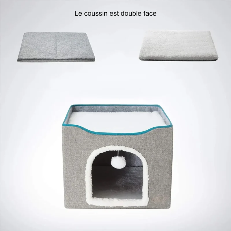 Maison confortable pour petits animaux avec coussins réversibles et design moderne.