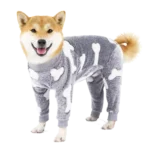 25219 op g_11a70 Shiba Inu joyeux en onesie gris, élégant et amusant, parfait pour les amoureux des chiens.