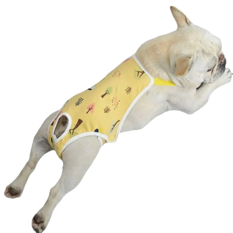 Bouledogue français détendu en pyjama jaune, charmant et confortable, prêt à jouer.