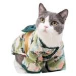 Chat en kimono floral pastel, adorable et curieux, avec des yeux jaunes perçants.