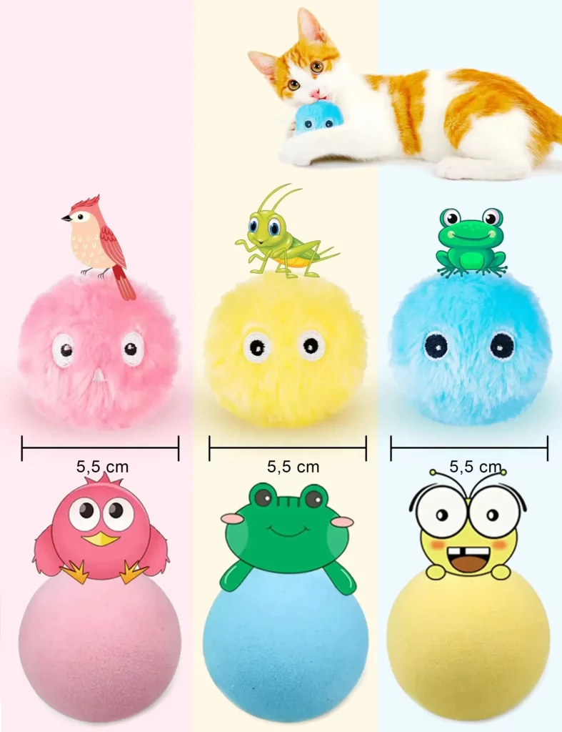 <p style="font-weight: 400;">Offrez à votre félin un moment de bonheur avec cette balle interactive chat !</p> <p style="font-weight: 400;"><span style="font-weight: 400;"> Stimulant, divertissant et résistant, c’est également son compagnon intelligent pour soulager le stress et la solitude, surtout pendant vos absences. </span> [cg_accordion title="Matériau"] EVA /+ Peluche [/cg_accordion] [cg_accordion title="Avantage"]</p> <ul style="font-weight: 400;"> <li>C’est un jouet chat interactif basé sur une balle d’entraînement intelligente</li> <li>Émet des sons tactiles au contact, stimulant l’intérêt de votre félin</li> <li>3 couleurs disponibles, chacune simulant un son d’animal (Rose à l’oiseau/Bleu à la grenouille/Jaune à le grillon)</li> <li>Plastique EVA est douce et léger qui résistante également aux morsures</li> <li>Design avec bruit réduit & rebond lent</li> <li>Choix entre 2 surfaces (Lisse en EVA/Enveloppée de peluche) selon son besoin</li> <li>Boîte intégrée pour remplissage d’herbe à chat augmentant l’excitation</li> <li>Aide à soulager le stress et la solitude, surtout pendant votre absence</li> <li>Grande capacité de batterie pour plus de 10 000 jeux de gazouillis [/cg_accordion] [custom_combined_shortcode title=" Guide de tailles" id="32858"] [cg_accordion title="Livraison"] La livraison s’effectuera dans un délai de 7 à 28 jours ouvrables dès la validation de votre commande. <span lang="FR"> </span>[/cg_accordion][cg_accordion title="Retour"] Si, pour quelque raison que ce soit, vous n'êtes pas pleinement satisfait, une demande de retour serait possible dans les 14 jours suivant la réception.[/cg_accordion]</li> </ul>