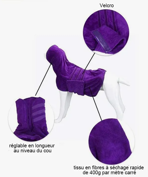<p style="font-weight: 400;">Ce peignoir chien ultra absorbant offre à votre compagnon canin un confort optimal à chaque séance de séchage ! </p> <p style="font-weight: 400;"><span style="font-weight: 400;"> Que ce soit après les baignades sur la plage, les escapades sous la pluie, la douche et la natation, il présente toujours une protection séchante pour son plus grand bonheur ! </span> [cg_accordion title="Matériau"] Microfibre [/cg_accordion] [cg_accordion title="Avantage"]</p> <ul style="font-weight: 400;"> <li>Ce peignoir pour chien présente une absorption rapide et un séchage efficace, vous faisant gagner du temps précieux </li> <li>Polyvalent à l’usage quotidien comme serviette après une douche, une séance de natation, une escapade sous la pluie ou une baignade à la plage </li> <li>Tissu en super microfibre assure un confort respirant, une sensation moelleuse et une absorption optimale </li> <li>Doté d’une fermeture auto-agrippant, il pourra d’être facile à presser ensemble ou se détacher, ainsi ajustable en fonction de tour de son ventre et son cou [/cg_accordion] [custom_combined_shortcode title=" Guide de tailles" id="35650"] [cg_accordion title="Livraison"] La livraison s’effectuera dans un délai de 7 à 28 jours ouvrables dès la validation de votre commande. <span lang="FR"> </span>[/cg_accordion][cg_accordion title="Retour"] Si, pour quelque raison que ce soit, vous n'êtes pas pleinement satisfait, une demande de retour serait possible dans les 14 jours suivant la réception.[/cg_accordion]</li> </ul>