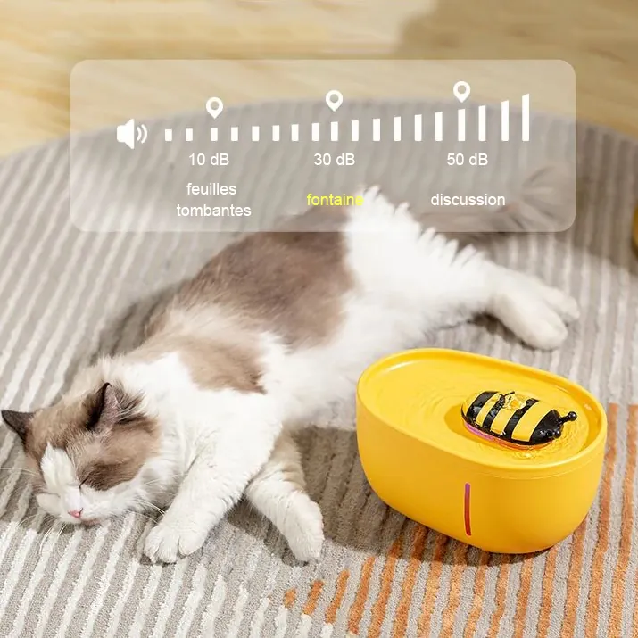 <p style="font-weight: 400;">Cette fontaine à eau pour chat, vous permet d’offrir à votre félin une expérience d’eau sécurisée et attrayante !</p> <p style="font-weight: 400;"><span style="font-weight: 400;"> Que ce soit pour un usage quotidien à la maison ou pendant vos courtes absences, sa grande capacité de 2 litre crée une hydratation hebdomadaire constante, procurant son pur bonheur. Le design silencieux garantit également les meilleurs sommeils pour vous ! </span> [cg_accordion title="Matériau"] Plastique PP [/cg_accordion] [cg_accordion title="Avantage"]</p> <ul style="font-weight: 400;"> <li>Cette fontaine à eau chat est dotée d’un système de circulation d’eau avec filtration haute densité, assurant une source vivante</li> <li>Riche en oxygène, incitant à boire davantage et évitant des problèmes de santé urinaire</li> <li>Réservoir de 2000 ml avec fenêtre visuelle, permettant les utilisations en toutes occasions</li> <li>Double réduction des chocs et du bruit avec pal de ventilateur à suspension magnétique et pompe silencieux</li> <li>USB basse tension 5V assure une sécurité électrique optimale et est compatible avec différents types d’adaptateurs (adaptateur non inclus)</li> <li>Plastique PP pour une utilisation durable en toute sécurité [/cg_accordion] [custom_combined_shortcode title=" Guide de tailles" id="35826"] [cg_accordion title="Livraison"] La livraison s’effectuera dans un délai de 7 à 28 jours ouvrables dès la validation de votre commande. <span lang="FR"> </span>[/cg_accordion][cg_accordion title="Retour"] Si, pour quelque raison que ce soit, vous n'êtes pas pleinement satisfait, une demande de retour serait possible dans les 14 jours suivant la réception.[/cg_accordion]</li> </ul>