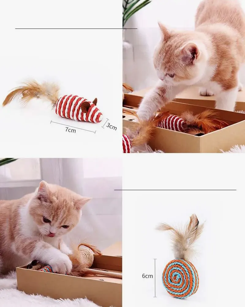 <p style="font-weight: 400;">Ces jouets chats, vous permettent d’offrir à votre félin les joies sans fin heureusement !</p> <p style="font-weight: 400;"><span style="font-weight: 400;"> Que ce soit s’amuser tout seul ou avec vous, ils sont un compagnon ludique en simulant son instinct de chasse naturel et soulageant son stress ! Les formes attrayantes avec canne à pêche et plume, ils ajoutent un morceau de jeu supplémentaire ! </span> [cg_accordion title="Matériau"] Jute + Sisal + Plume [/cg_accordion] [cg_accordion title="Avantage"]</p> <ul style="font-weight: 400;"> <li>C’est un ensemble de jouets pour chats d’appartement, encourageant leurs exercices physiques</li> <li>Polyvalent pour que votre félin puisse s’amuser avec vous ou tout seul (toucher/frapper/attraper…)</li> <li>Canne à pêche et plume stimulent l'instinct de chasse naturel de votre chat</li> <li>Anti stress et solitude, surtout pendant votre absence [/cg_accordion] [custom_combined_shortcode title=" Guide de tailles" id="35655"] [cg_accordion title="Livraison"] La livraison s’effectuera dans un délai de 7 à 28 jours ouvrables dès la validation de votre commande. <span lang="FR"> </span>[/cg_accordion][cg_accordion title="Retour"] Si, pour quelque raison que ce soit, vous n'êtes pas pleinement satisfait, une demande de retour serait possible dans les 14 jours suivant la réception.[/cg_accordion]</li> </ul>