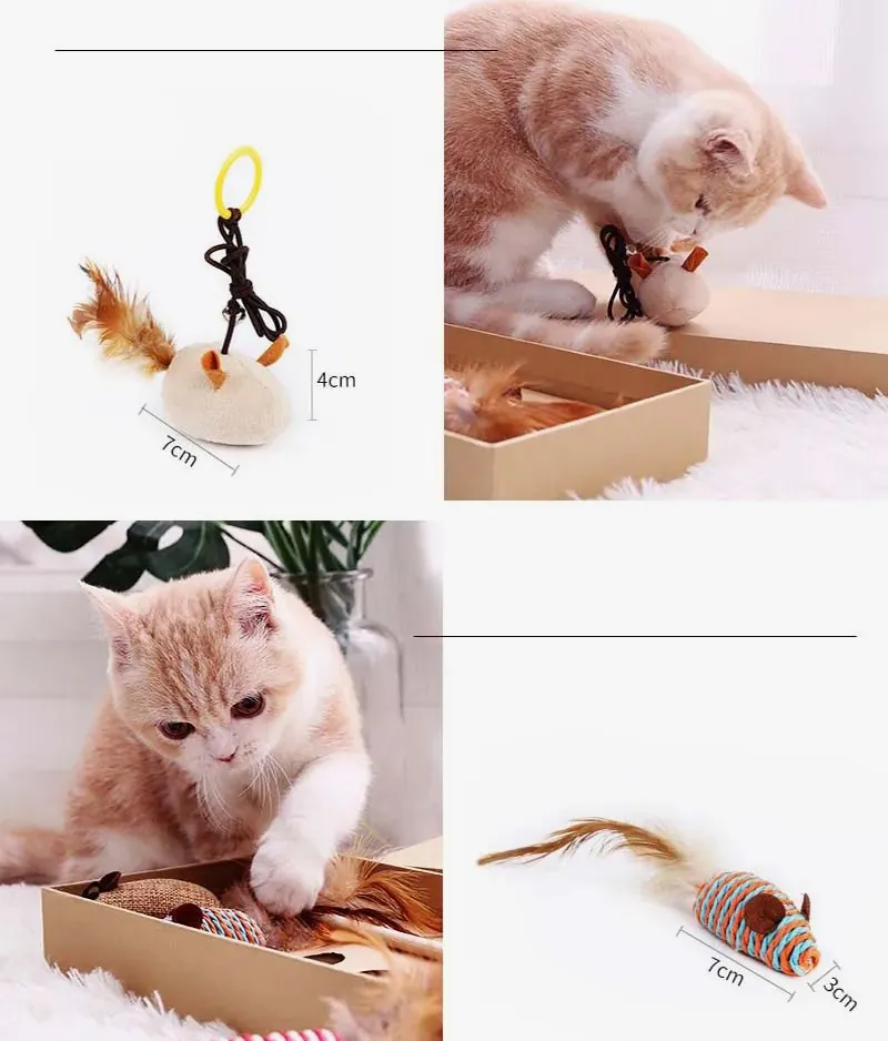 <p style="font-weight: 400;">Ces jouets chats, vous permettent d’offrir à votre félin les joies sans fin heureusement !</p> <p style="font-weight: 400;"><span style="font-weight: 400;"> Que ce soit s’amuser tout seul ou avec vous, ils sont un compagnon ludique en simulant son instinct de chasse naturel et soulageant son stress ! Les formes attrayantes avec canne à pêche et plume, ils ajoutent un morceau de jeu supplémentaire ! </span> [cg_accordion title="Matériau"] Jute + Sisal + Plume [/cg_accordion] [cg_accordion title="Avantage"]</p> <ul style="font-weight: 400;"> <li>C’est un ensemble de jouets pour chats d’appartement, encourageant leurs exercices physiques</li> <li>Polyvalent pour que votre félin puisse s’amuser avec vous ou tout seul (toucher/frapper/attraper…)</li> <li>Canne à pêche et plume stimulent l'instinct de chasse naturel de votre chat</li> <li>Anti stress et solitude, surtout pendant votre absence [/cg_accordion] [custom_combined_shortcode title=" Guide de tailles" id="35655"] [cg_accordion title="Livraison"] La livraison s’effectuera dans un délai de 7 à 28 jours ouvrables dès la validation de votre commande. <span lang="FR"> </span>[/cg_accordion][cg_accordion title="Retour"] Si, pour quelque raison que ce soit, vous n'êtes pas pleinement satisfait, une demande de retour serait possible dans les 14 jours suivant la réception.[/cg_accordion]</li> </ul>