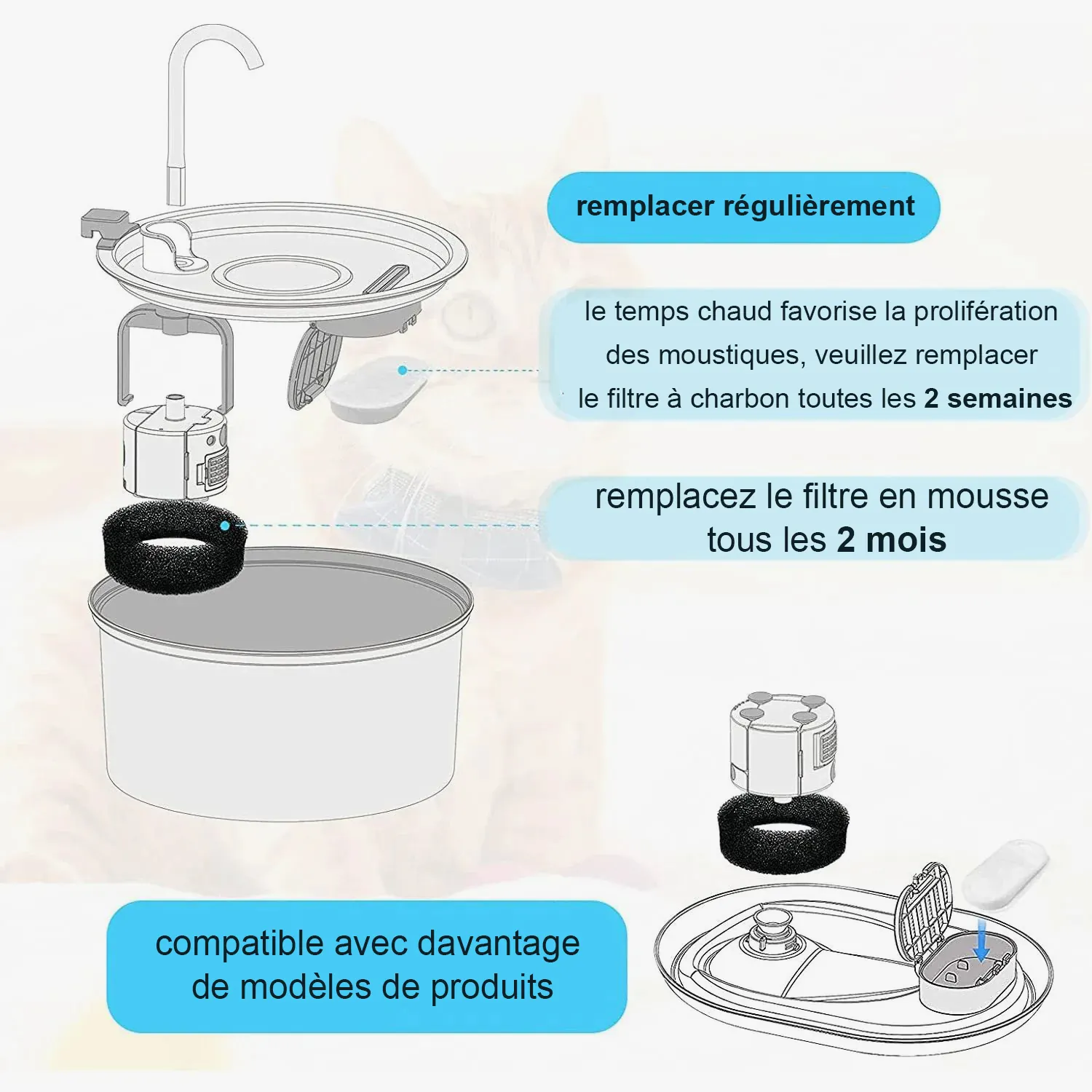 <p style="font-weight: 400;">Voici le filtre fontaine chien qui offre à votre félin de chaque goutte d’eau propre et saine !</p> <p style="font-weight: 400;"><span style="font-weight: 400;"> Doté de 16 éponges et 16 remplacements filtrés, ce set en lot de 16 protège la santé urinaire de votre chien, lui apportant ainsi un pur bonheur ! </span> [cg_accordion title="Matériau"] Éponge + Coton + Charbon Actif + Résine échangeuse d’ions [/cg_accordion] [cg_accordion title="Avantage"]</p> <ul style="font-weight: 400;"> <li>Ce filtre pour fontaine à eau chien, en design de filtration triple, fournit une hydratation potable et propre, réduisant le risque d’infection des voies urinaires</li> <li>Éponge de préfiltre capture les débris, protégeant la pompe (doté d’un lot de 16)</li> <li>1 couche en coton haute densité capture les petites impuretés</li> <li>1 couche en charbon actif absorbe le chlore libre, le phénol, le soufre et d’autres polluants organiques, purifiant les impuretés et éliminant les odeurs</li> <li>1 couche en résine adoucissante absorbe les métaux lourds ainsi que les ions calcium et magnésium en excès, ajustant la dureté de l’eau</li> <li>16 Kits en total, chacun comprenant 1 éponge & 1 filtre de remplacement, soutenant jusqu’à 1 mois. Avec ces 16 kits, vous avez une filtration continue pour max. 16 mois [/cg_accordion] [custom_combined_shortcode title=" Guide de tailles" id="37939"] [cg_accordion title="Livraison"] La livraison s’effectuera dans un délai de 7 à 28 jours ouvrables dès la validation de votre commande. <span lang="FR"> </span>[/cg_accordion][cg_accordion title="Retour"] Si, pour quelque raison que ce soit, vous n'êtes pas pleinement satisfait, une demande de retour serait possible dans les 14 jours suivant la réception.[/cg_accordion]</li> </ul>