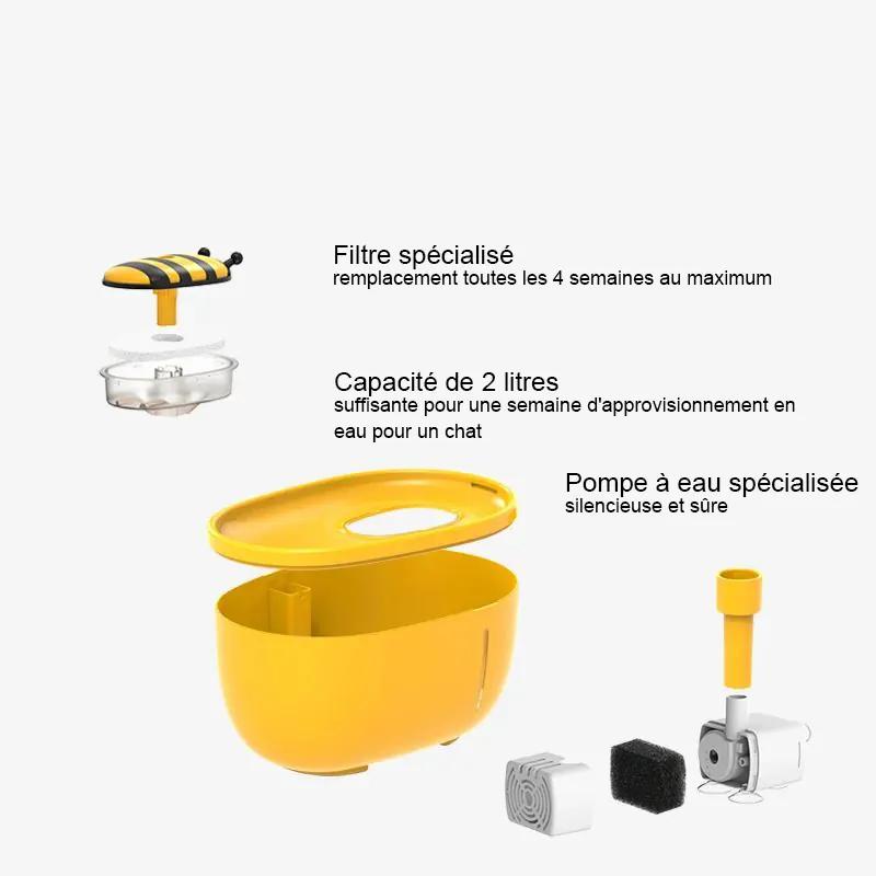 <p style="font-weight: 400;">Cette fontaine à eau pour chat, vous permet d’offrir à votre félin une expérience d’eau sécurisée et attrayante !</p> <p style="font-weight: 400;"><span style="font-weight: 400;"> Que ce soit pour un usage quotidien à la maison ou pendant vos courtes absences, sa grande capacité de 2 litre crée une hydratation hebdomadaire constante, procurant son pur bonheur. Le design silencieux garantit également les meilleurs sommeils pour vous ! </span> [cg_accordion title="Matériau"] Plastique PP [/cg_accordion] [cg_accordion title="Avantage"]</p> <ul style="font-weight: 400;"> <li>Cette fontaine à eau chat est dotée d’un système de circulation d’eau avec filtration haute densité, assurant une source vivante</li> <li>Riche en oxygène, incitant à boire davantage et évitant des problèmes de santé urinaire</li> <li>Réservoir de 2000 ml avec fenêtre visuelle, permettant les utilisations en toutes occasions</li> <li>Double réduction des chocs et du bruit avec pal de ventilateur à suspension magnétique et pompe silencieux</li> <li>USB basse tension 5V assure une sécurité électrique optimale et est compatible avec différents types d’adaptateurs (adaptateur non inclus)</li> <li>Plastique PP pour une utilisation durable en toute sécurité [/cg_accordion] [custom_combined_shortcode title=" Guide de tailles" id="35826"] [cg_accordion title="Livraison"] La livraison s’effectuera dans un délai de 7 à 28 jours ouvrables dès la validation de votre commande. <span lang="FR"> </span>[/cg_accordion][cg_accordion title="Retour"] Si, pour quelque raison que ce soit, vous n'êtes pas pleinement satisfait, une demande de retour serait possible dans les 14 jours suivant la réception.[/cg_accordion]</li> </ul>