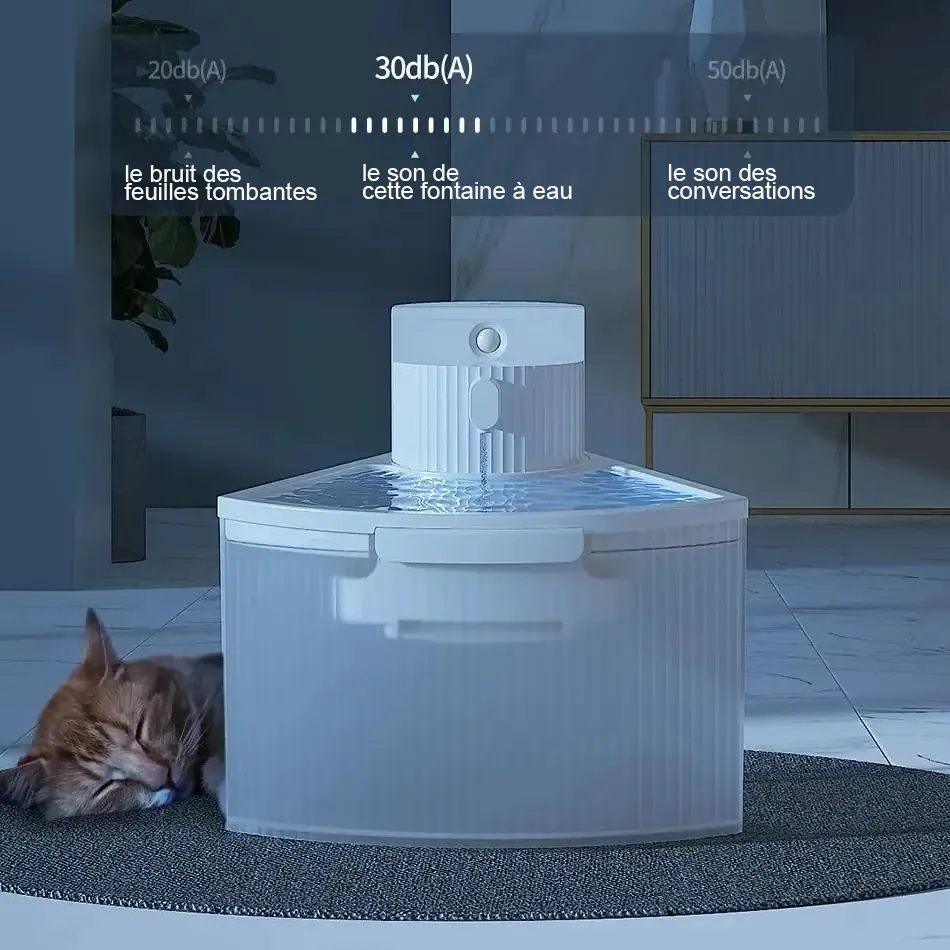 <p style="font-weight: 400;">Cette fontaine à eau chat avec capteur sans fil, permet d’offrir à votre félin une expérience d’hydratation sécurisée et attrayante ! </p> <p style="font-weight: 400;"><span style="font-weight: 400;"> Que ce soit pour une utilisation quotidienne à la maison, lors de vos voyages en plein air ou pendant vos courtes absences, la grande capacité de 2,2 litre avec capteur et batterie rechargeable de 5000 mAh garantit une source vivante qui s’active automatiquement, procurant donc son pur bonheur. Le design silencieux crée des nuits paisibles pour vous ! </span> [cg_accordion title="Matériau"] ABS + PP + Silicone [/cg_accordion] [cg_accordion title="Avantage"]</p> <ul style="font-weight: 400;"> <li>Cette fontaine à eau pour chat est dotée d’un système de circulation d’eau avec multi-filtration, assurant une source vivante </li> <li>Riche en oxygène, incitant à boire davantage et évitant des problèmes de santé urinaire </li> <li>Filtre éponge haute densité aide à éliminer les particules super fines </li> <li>Design sans fil avec batterie rechargeable de 5000 mAh pour utilisation polyvalente, vous pouvez la mettre n’importe où </li> <li>2 modes de sortie d’eau sont disponibles, commutables par bouton selon vos besoins </li> <li>Mode régulier avec libération d’hydratation toutes les 15 minutes </li> <li>Mode de capteur infrarouge avec couverture à 120° et distance d’induction de 1 à 2 mètres, assurant une utilisation pratique et écologique (Lorsque votre chat s’approche, l’eau coule automatiquement, au contraire, lorsqu’il s’éloigne, l’eau s’arrête) </li> <li>Réservoir de 2,2 L permet l’utilisation jusqu’à 10 jours </li> <li>Réduction du bruit selon pompe et robinet spécialement conçu pour être silencieux </li> <li>Bac à eau avec une pente de 15° réduit la pression sur le cou, créant la posture confortable pour votre félin </li> <li>ABS et PP alimentaires pour une utilisation durable en toute sécurité [/cg_accordion] [custom_combined_shortcode title=" Guide de tailles" id="35987"] [cg_accordion title="Livraison"] La livraison s’effectuera dans un délai de 7 à 28 jours ouvrables dès la validation de votre commande. <span lang="FR"> </span>[/cg_accordion][cg_accordion title="Retour"] Si, pour quelque raison que ce soit, vous n'êtes pas pleinement satisfait, une demande de retour serait possible dans les 14 jours suivant la réception.[/cg_accordion]</li> </ul>