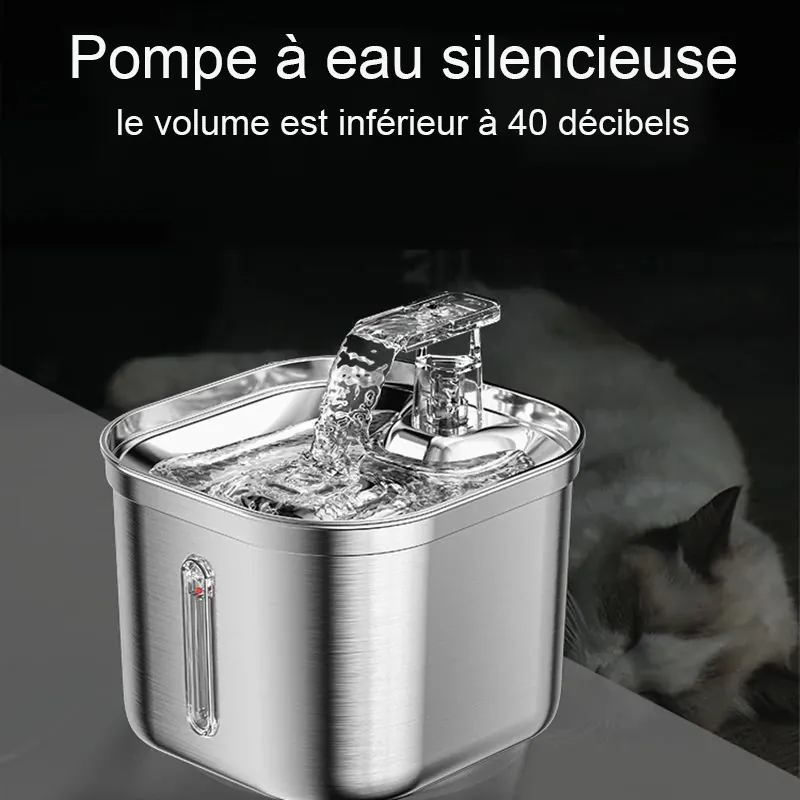 <p style="font-weight: 400;">Cette fontaine à eau pour chat, avec capteur infrarouge optionnel, vous permet d’offrir à votre félin une hydratation tranquille en toute sécurité ! </p> <p style="font-weight: 400;"><span style="font-weight: 400;">Que ce soit pour une utilisation quotidienne à la maison ou pendant vos courtes absences, sa grande capacité avec capteur assure une source vivante qui s’active automatiquement, procurant son pur bonheur. La pompe silencieuse crée des nuits paisibles pour vous ! </span> [custom_combined_shortcode title=" Matériau" id="35904"] [cg_accordion title="Avantage"]</p> <ul style="font-weight: 400;"> <li>Cette fontaine à eau chat est équipée d’un système de circulation d’eau avec multi-filtration, assurant une source vivante </li> <li>Riche en oxygène, incitant à boire davantage et évitant des problèmes de santé urinaire </li> <li>Réservoir de 2,2 L avec fenêtre visuelle permet l’utilisation jusqu’à 10 jours </li> <li>Filtre éponge haute densité aide à éliminer les particules super fines </li> <li>Réduction du bruit selon pompe et robinet spécialement conçu pour être silencieux </li> <li>Capteur infrarouge optionnel, avec couverture à 180° et distance d’induction de 2 à 3 mètres, assurant une utilisation pratique et écologique (Lorsque votre chat s’approche, l’eau coule automatiquement, au contraire, lorsqu’il s’éloigne, l’eau s’arrête) </li> <li>USB basse tension 5V assure une sécurité électrique optimale et est compatible avec différents types d’adaptateurs (adaptateur non inclus) </li> <li>Inox 304 pour une utilisation durable en toute sécurité [/cg_accordion] [custom_combined_shortcode title=" Guide de tailles" id="35902"] [cg_accordion title="Livraison"] La livraison s’effectuera dans un délai de 7 à 28 jours ouvrables dès la validation de votre commande. <span lang="FR"> </span>[/cg_accordion][cg_accordion title="Retour"] Si, pour quelque raison que ce soit, vous n'êtes pas pleinement satisfait, une demande de retour serait possible dans les 14 jours suivant la réception. [/cg_accordion]</li> </ul>