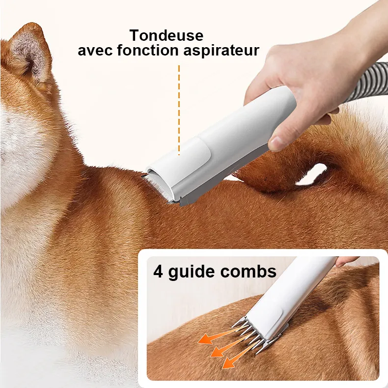 <p style="font-weight: 400;">Cet ensemble de brosse et tondeuse pour chien avec aspirateur intégré, vous permet d’offrir à votre canin un toilettage professionnel à domicile ! </p> <p style="font-weight: 400;"><span style="font-weight: 400;"> Que ce soit pour une coupe précise de tout le corps et des détails, pour un brossage efficace ou même pour une aspiration des poussières, il réduit les dégâts, procurant une expérience sans stress pour vous et votre chien. </span> [cg_accordion title="Matériau"] ABS + PC + Inox [/cg_accordion] [cg_accordion title="Avantage"]</p> <ul style="font-weight: 400;"> <li>Cet set de brosse et de tondeuse chien répond à divers besoins de coupe, rasage et brossage, offrant un toilettage professionnel à domicile </li> <li>Tous les kits sont liés d’un aspirateur pour minimiser les dégâts </li> <li>3 Niveaux d’aspiration éliminent efficacement les poils, même pour les chiens à pelage épais </li> <li>Faible bruit avec fonctionnement à moins de 60db, évitant d’effrayer votre canin </li> <li>1 x Brosse de toilettage aspire les poils lors du brossage quotidien, nettoyant les poils flottant et la poussière </li> <li>1 x Peigne rasoir brosse et absorbe les poils tout en aidant à légèrement éclaircir </li> <li>1 x Tondeuse électrique répond assure une de tout le corps et des détails </li> <li>4 x Peignes (3/9/14/16 mm) pour une coupe précise en évitant l’amincissement excessif des poils </li> <li>1 x Brosse de nettoyage garde la zone de travail bien rangée en nettoyant les poils sur les vêtements, le tapis, le canapé, le lit, etc. </li> <li>1 x Suceur aspire les poils et des morceaux de poussière des zones difficiles d’accès </li> <li>1 x Bac à poussière de 2,3 L avec tuyau prolongé, réduisant la fréquence de vidage pendant le toilettage [/cg_accordion] [custom_combined_shortcode title=" Guide de tailles" id="37300"] [cg_accordion title="Livraison"] La livraison s’effectuera dans un délai de 7 à 28 jours ouvrables dès la validation de votre commande. <span lang="FR"> </span>[/cg_accordion][cg_accordion title="Retour"] Si, pour quelque raison que ce soit, vous n'êtes pas pleinement satisfait, une demande de retour serait possible dans les 14 jours suivant la réception.[/cg_accordion]</li> </ul>