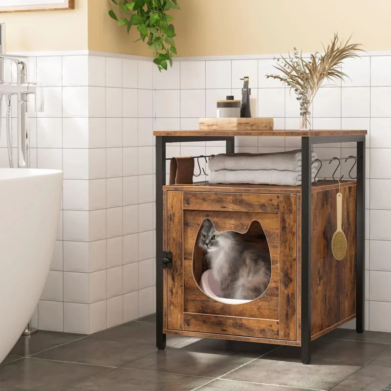 Enclos à litière pour chat, table rustique et moderne pour salle de bain.