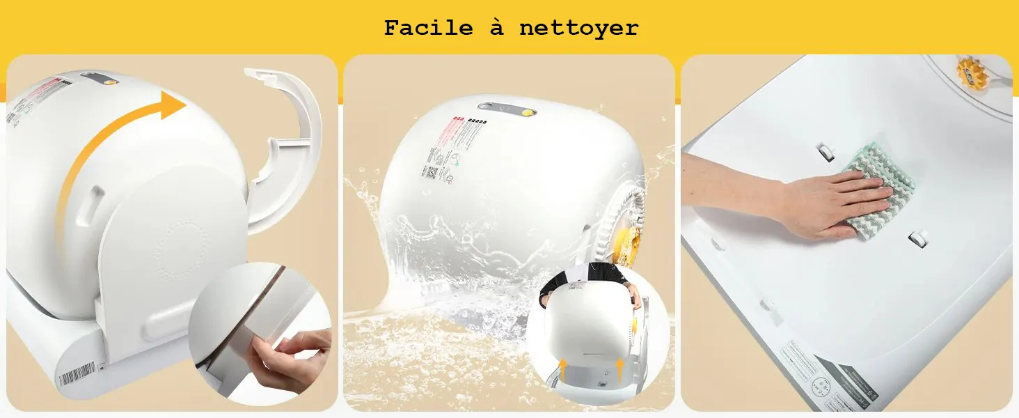 <p style="font-weight: 400;">Il s’agit d’une litière chat autonettoyante qui offre à votre félin un espace propre et hygiénique pour ses besoins ! </p> <p style="font-weight: 400;"><span style="font-weight: 400;"> Que ce soit pour un chiot, un grand Maine Coon ou un foyer multi-chat, la grande capacité avec capteurs intelligents crée un cocon tranquille, paisible et sain, procurant le pur bonheur quotidien ! </span> [cg_accordion title="Matériau"] Plastique [/cg_accordion] [cg_accordion title="Avantage"]</p> <ul style="font-weight: 400;"> <li>Cette litière automatique chat, avec écran LED affichant 6 données clés, offre différents modes de nettoyage pour faciliter l’adaptation de votre félin </li> <li>Contrôlable via application smartphone (disponible en plusieurs langues, y compris le français) </li> <li>Détection infrarouge à 120°, capteurs de pression et de mouvement anti-pincement assurant une sécurité optimale, permettant d’une arrête automatique quand votre félin soit proche pour éviter les accidents </li> <li>4 capteurs de poids fournissent des mises à jour en temps réel sur la fréquence, le calendrier et le poids des déjections pour un suivi précis de la santé </li> <li>65L d’espace pourra accueillir jusqu’à 3 chats </li> <li>Fonctionnement à 35 dB respecte la sensibilité auditive du félin </li> <li>Autonomie avec poubelle de 9L pour utilisation jusqu’à 15 jours (un chat) </li> <li>Facile à assembler, démonter et nettoyer [/cg_accordion] [custom_combined_shortcode title=" Guide de tailles" id="37748"] [cg_accordion title="Livraison"] La livraison s’effectuera dans un délai de 7 à 28 jours ouvrables dès la validation de votre commande. <span lang="FR"> </span>[/cg_accordion][cg_accordion title="Retour"] Si, pour quelque raison que ce soit, vous n'êtes pas pleinement satisfait, une demande de retour serait possible dans les 14 jours suivant la réception.[/cg_accordion]</li> </ul>