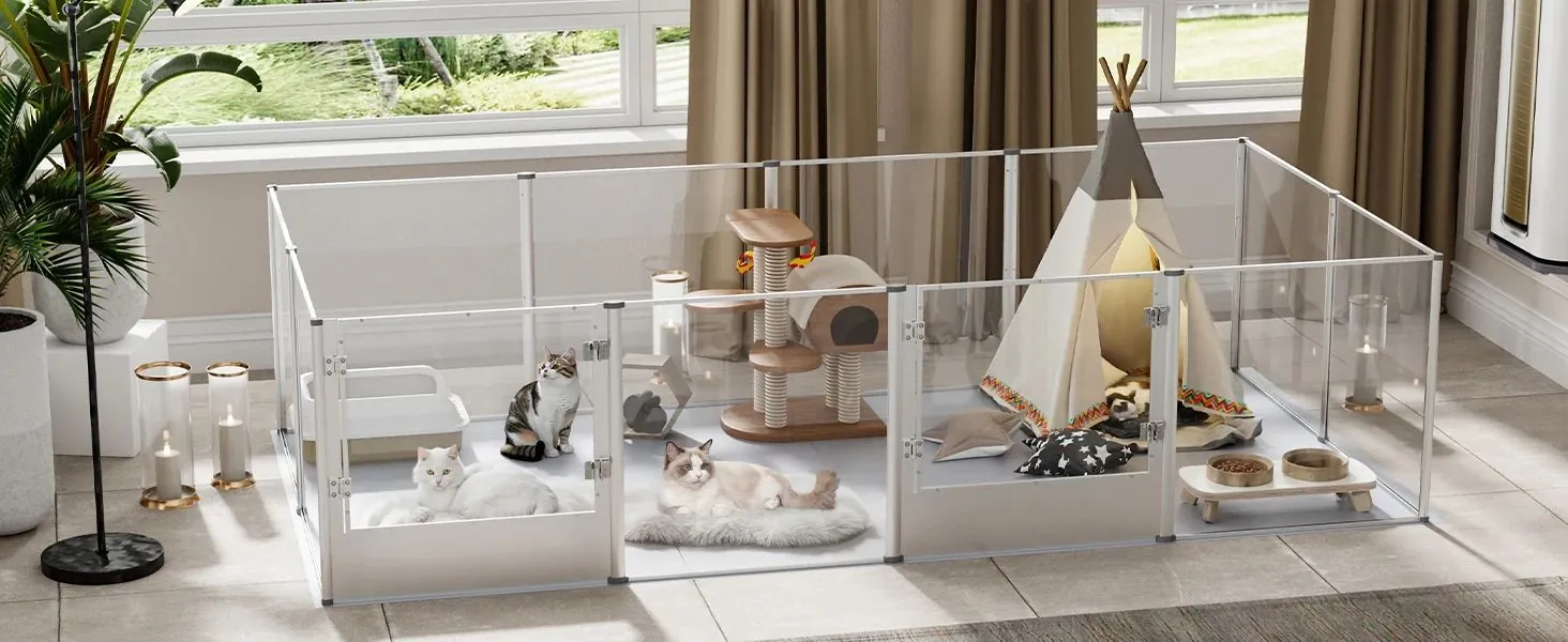<p style="font-weight: 400;">Ce parc à chien, design contemporain, crée un royaume polyvalent pour votre canin ! </p> <p style="font-weight: 400;"><span style="font-weight: 400;"> Que ce soit pour se détendre, jouer, s’entraîner ou limiter ses mouvements, son installation de manière fait main offre deux configurations : carrée ou rectangulaire. Les parois transparentes et la structure en alliage d’aluminium assurent un espace chic en toute sécurité, procurant le pur bonheur ! </span> [cg_accordion title="Matériau"] Alliage d’Alu + Acrylique + ABS + PVC + PE [/cg_accordion] [cg_accordion title="Avantage"]</p> <ul style="font-weight: 400;"> <li>Cet enclos pour chien crée son territoire confortable et polyvalent pour s’amuser, se détendre, dormir ou limiter ses mouvements </li> <li>Mode fait maison propose deux configurations d’installation (carrée ou rectangulaire) selon vos besoins </li> <li>Design à 360° pour une liberté visuelle sans stress </li> <li>Structure en alliage Alu avec joints en ABS assure une solidité et une durabilité exceptionnelle </li> <li>Parois en acrylique de 3mm crée un meilleur équilibre entre élasticité et robustesse </li> <li>Porte dotée de deux serrures en inox facilite une entrée/sortie en toute sécurité sans surprise </li> <li>Tapis imperméable avec fond antidérapant évite tout glissement pendant son jeu [/cg_accordion] [custom_combined_shortcode title=" Guide de tailles" id="37652"] [cg_accordion title="Livraison"] La livraison s’effectuera dans un délai de 7 à 28 jours ouvrables dès la validation de votre commande. <span lang="FR"> </span>[/cg_accordion][cg_accordion title="Retour"] Si, pour quelque raison que ce soit, vous n'êtes pas pleinement satisfait, une demande de retour serait possible dans les 14 jours suivant la réception.[/cg_accordion]</li> </ul>