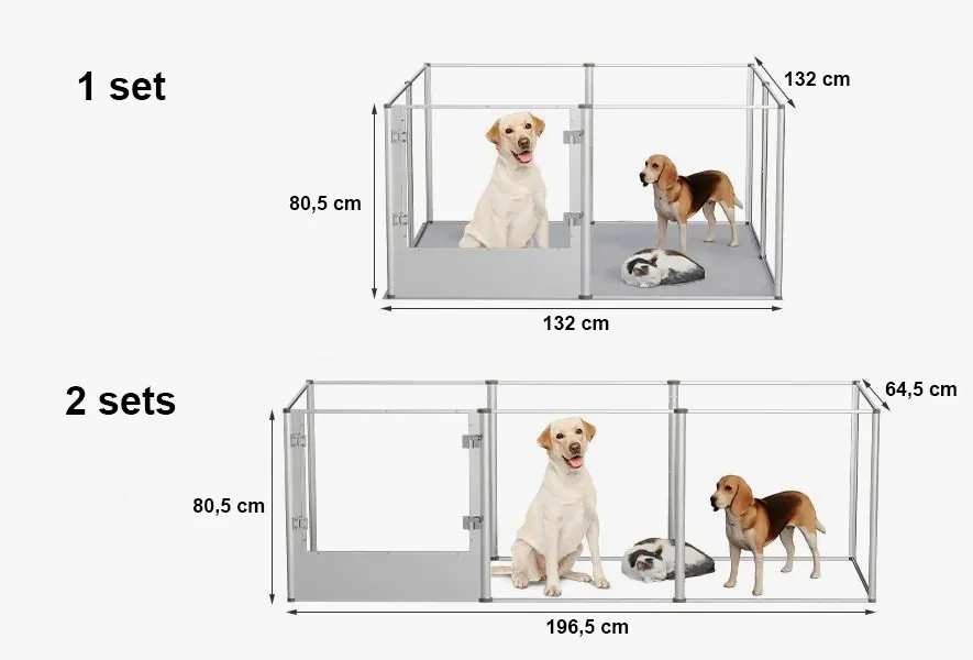 <p style="font-weight: 400;">Ce parc à chien, design contemporain, crée un royaume polyvalent pour votre canin ! </p> <p style="font-weight: 400;"><span style="font-weight: 400;"> Que ce soit pour se détendre, jouer, s’entraîner ou limiter ses mouvements, son installation de manière fait main offre deux configurations : carrée ou rectangulaire. Les parois transparentes et la structure en alliage d’aluminium assurent un espace chic en toute sécurité, procurant le pur bonheur ! </span> [cg_accordion title="Matériau"] Alliage d’Alu + Acrylique + ABS + PVC + PE [/cg_accordion] [cg_accordion title="Avantage"]</p> <ul style="font-weight: 400;"> <li>Cet enclos pour chien crée son territoire confortable et polyvalent pour s’amuser, se détendre, dormir ou limiter ses mouvements </li> <li>Mode fait maison propose deux configurations d’installation (carrée ou rectangulaire) selon vos besoins </li> <li>Design à 360° pour une liberté visuelle sans stress </li> <li>Structure en alliage Alu avec joints en ABS assure une solidité et une durabilité exceptionnelle </li> <li>Parois en acrylique de 3mm crée un meilleur équilibre entre élasticité et robustesse </li> <li>Porte dotée de deux serrures en inox facilite une entrée/sortie en toute sécurité sans surprise </li> <li>Tapis imperméable avec fond antidérapant évite tout glissement pendant son jeu [/cg_accordion] [custom_combined_shortcode title=" Guide de tailles" id="37652"] [cg_accordion title="Livraison"] La livraison s’effectuera dans un délai de 7 à 28 jours ouvrables dès la validation de votre commande. <span lang="FR"> </span>[/cg_accordion][cg_accordion title="Retour"] Si, pour quelque raison que ce soit, vous n'êtes pas pleinement satisfait, une demande de retour serait possible dans les 14 jours suivant la réception.[/cg_accordion]</li> </ul>