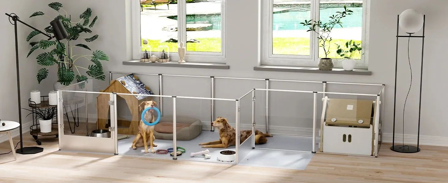 <p style="font-weight: 400;">Ce parc à chien, design contemporain, crée un royaume polyvalent pour votre canin ! </p> <p style="font-weight: 400;"><span style="font-weight: 400;"> Que ce soit pour se détendre, jouer, s’entraîner ou limiter ses mouvements, son installation de manière fait main offre deux configurations : carrée ou rectangulaire. Les parois transparentes et la structure en alliage d’aluminium assurent un espace chic en toute sécurité, procurant le pur bonheur ! </span> [cg_accordion title="Matériau"] Alliage d’Alu + Acrylique + ABS + PVC + PE [/cg_accordion] [cg_accordion title="Avantage"]</p> <ul style="font-weight: 400;"> <li>Cet enclos pour chien crée son territoire confortable et polyvalent pour s’amuser, se détendre, dormir ou limiter ses mouvements </li> <li>Mode fait maison propose deux configurations d’installation (carrée ou rectangulaire) selon vos besoins </li> <li>Design à 360° pour une liberté visuelle sans stress </li> <li>Structure en alliage Alu avec joints en ABS assure une solidité et une durabilité exceptionnelle </li> <li>Parois en acrylique de 3mm crée un meilleur équilibre entre élasticité et robustesse </li> <li>Porte dotée de deux serrures en inox facilite une entrée/sortie en toute sécurité sans surprise </li> <li>Tapis imperméable avec fond antidérapant évite tout glissement pendant son jeu [/cg_accordion] [custom_combined_shortcode title=" Guide de tailles" id="37652"] [cg_accordion title="Livraison"] La livraison s’effectuera dans un délai de 7 à 28 jours ouvrables dès la validation de votre commande. <span lang="FR"> </span>[/cg_accordion][cg_accordion title="Retour"] Si, pour quelque raison que ce soit, vous n'êtes pas pleinement satisfait, une demande de retour serait possible dans les 14 jours suivant la réception.[/cg_accordion]</li> </ul>