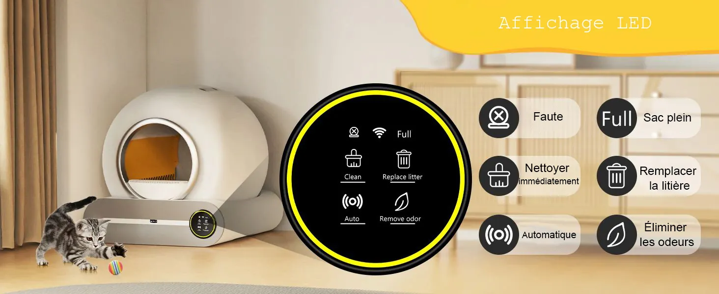 <p style="font-weight: 400;">Il s’agit d’une litière chat autonettoyante qui offre à votre félin un espace propre et hygiénique pour ses besoins ! </p> <p style="font-weight: 400;"><span style="font-weight: 400;"> Que ce soit pour un chiot, un grand Maine Coon ou un foyer multi-chat, la grande capacité avec capteurs intelligents crée un cocon tranquille, paisible et sain, procurant le pur bonheur quotidien ! </span> [cg_accordion title="Matériau"] Plastique [/cg_accordion] [cg_accordion title="Avantage"]</p> <ul style="font-weight: 400;"> <li>Cette litière automatique chat, avec écran LED affichant 6 données clés, offre différents modes de nettoyage pour faciliter l’adaptation de votre félin </li> <li>Contrôlable via application smartphone (disponible en plusieurs langues, y compris le français) </li> <li>Détection infrarouge à 120°, capteurs de pression et de mouvement anti-pincement assurant une sécurité optimale, permettant d’une arrête automatique quand votre félin soit proche pour éviter les accidents </li> <li>4 capteurs de poids fournissent des mises à jour en temps réel sur la fréquence, le calendrier et le poids des déjections pour un suivi précis de la santé </li> <li>65L d’espace pourra accueillir jusqu’à 3 chats </li> <li>Fonctionnement à 35 dB respecte la sensibilité auditive du félin </li> <li>Autonomie avec poubelle de 9L pour utilisation jusqu’à 15 jours (un chat) </li> <li>Facile à assembler, démonter et nettoyer [/cg_accordion] [custom_combined_shortcode title=" Guide de tailles" id="37748"] [cg_accordion title="Livraison"] La livraison s’effectuera dans un délai de 7 à 28 jours ouvrables dès la validation de votre commande. <span lang="FR"> </span>[/cg_accordion][cg_accordion title="Retour"] Si, pour quelque raison que ce soit, vous n'êtes pas pleinement satisfait, une demande de retour serait possible dans les 14 jours suivant la réception.[/cg_accordion]</li> </ul>