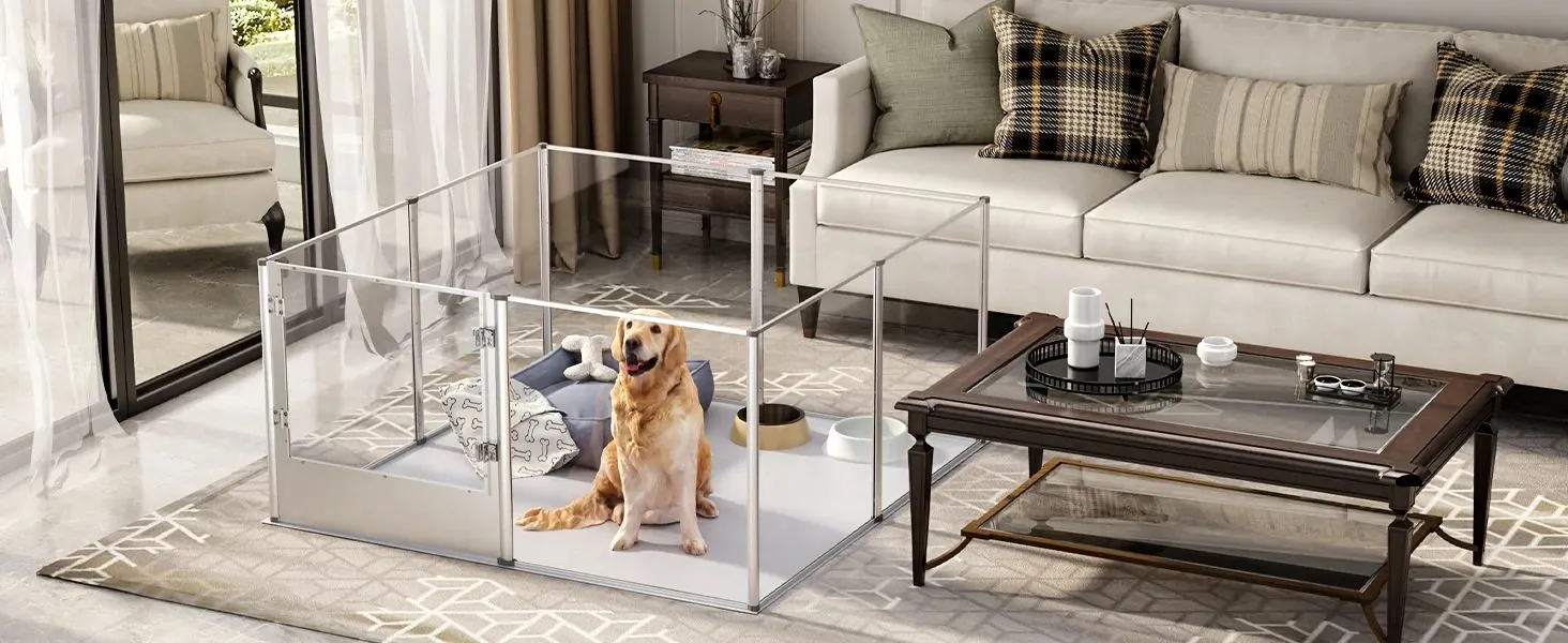 <p style="font-weight: 400;">Ce parc à chien, design contemporain, crée un royaume polyvalent pour votre canin ! </p> <p style="font-weight: 400;"><span style="font-weight: 400;"> Que ce soit pour se détendre, jouer, s’entraîner ou limiter ses mouvements, son installation de manière fait main offre deux configurations : carrée ou rectangulaire. Les parois transparentes et la structure en alliage d’aluminium assurent un espace chic en toute sécurité, procurant le pur bonheur ! </span> [cg_accordion title="Matériau"] Alliage d’Alu + Acrylique + ABS + PVC + PE [/cg_accordion] [cg_accordion title="Avantage"]</p> <ul style="font-weight: 400;"> <li>Cet enclos pour chien crée son territoire confortable et polyvalent pour s’amuser, se détendre, dormir ou limiter ses mouvements </li> <li>Mode fait maison propose deux configurations d’installation (carrée ou rectangulaire) selon vos besoins </li> <li>Design à 360° pour une liberté visuelle sans stress </li> <li>Structure en alliage Alu avec joints en ABS assure une solidité et une durabilité exceptionnelle </li> <li>Parois en acrylique de 3mm crée un meilleur équilibre entre élasticité et robustesse </li> <li>Porte dotée de deux serrures en inox facilite une entrée/sortie en toute sécurité sans surprise </li> <li>Tapis imperméable avec fond antidérapant évite tout glissement pendant son jeu [/cg_accordion] [custom_combined_shortcode title=" Guide de tailles" id="37652"] [cg_accordion title="Livraison"] La livraison s’effectuera dans un délai de 7 à 28 jours ouvrables dès la validation de votre commande. <span lang="FR"> </span>[/cg_accordion][cg_accordion title="Retour"] Si, pour quelque raison que ce soit, vous n'êtes pas pleinement satisfait, une demande de retour serait possible dans les 14 jours suivant la réception.[/cg_accordion]</li> </ul>