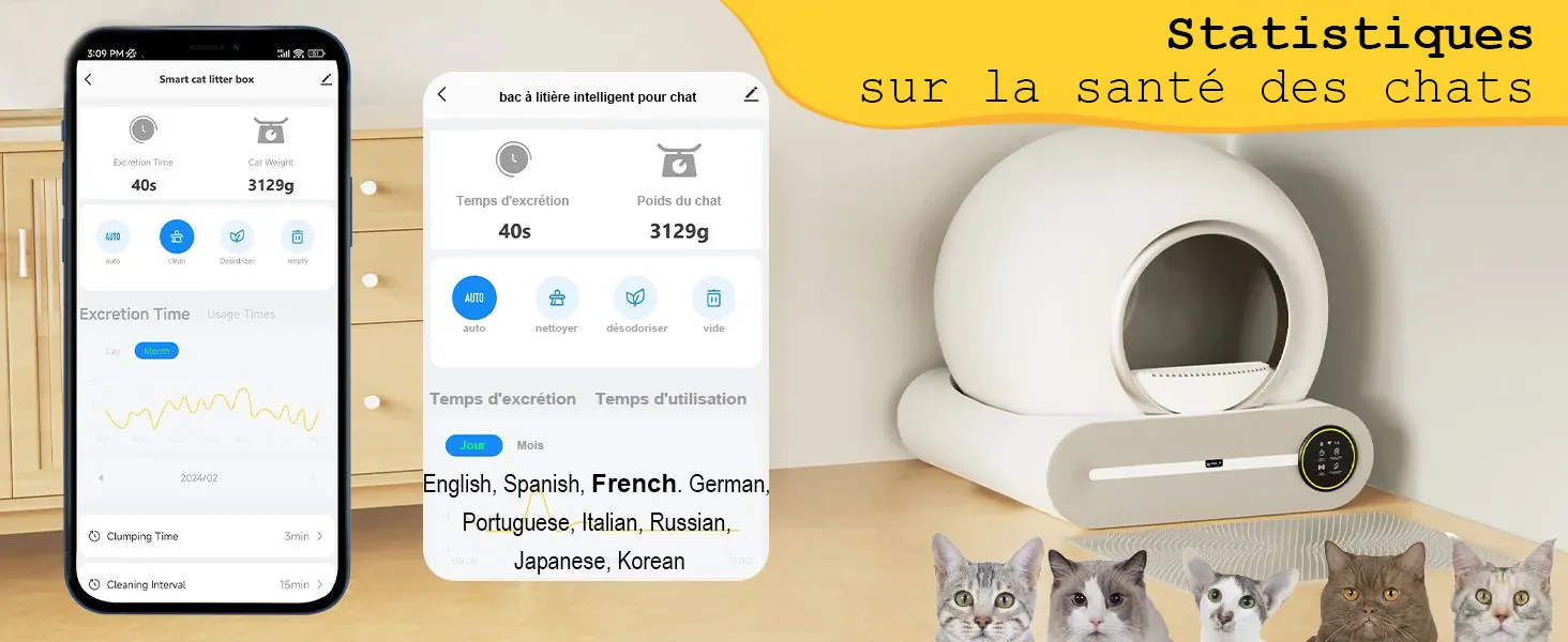 <p style="font-weight: 400;">Il s’agit d’une litière chat autonettoyante qui offre à votre félin un espace propre et hygiénique pour ses besoins ! </p> <p style="font-weight: 400;"><span style="font-weight: 400;"> Que ce soit pour un chiot, un grand Maine Coon ou un foyer multi-chat, la grande capacité avec capteurs intelligents crée un cocon tranquille, paisible et sain, procurant le pur bonheur quotidien ! </span> [cg_accordion title="Matériau"] Plastique [/cg_accordion] [cg_accordion title="Avantage"]</p> <ul style="font-weight: 400;"> <li>Cette litière automatique chat, avec écran LED affichant 6 données clés, offre différents modes de nettoyage pour faciliter l’adaptation de votre félin </li> <li>Contrôlable via application smartphone (disponible en plusieurs langues, y compris le français) </li> <li>Détection infrarouge à 120°, capteurs de pression et de mouvement anti-pincement assurant une sécurité optimale, permettant d’une arrête automatique quand votre félin soit proche pour éviter les accidents </li> <li>4 capteurs de poids fournissent des mises à jour en temps réel sur la fréquence, le calendrier et le poids des déjections pour un suivi précis de la santé </li> <li>65L d’espace pourra accueillir jusqu’à 3 chats </li> <li>Fonctionnement à 35 dB respecte la sensibilité auditive du félin </li> <li>Autonomie avec poubelle de 9L pour utilisation jusqu’à 15 jours (un chat) </li> <li>Facile à assembler, démonter et nettoyer [/cg_accordion] [custom_combined_shortcode title=" Guide de tailles" id="37748"] [cg_accordion title="Livraison"] La livraison s’effectuera dans un délai de 7 à 28 jours ouvrables dès la validation de votre commande. <span lang="FR"> </span>[/cg_accordion][cg_accordion title="Retour"] Si, pour quelque raison que ce soit, vous n'êtes pas pleinement satisfait, une demande de retour serait possible dans les 14 jours suivant la réception.[/cg_accordion]</li> </ul>