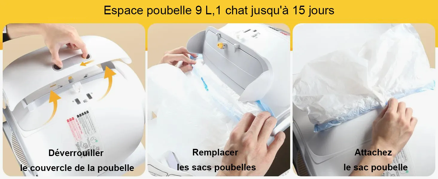 <p style="font-weight: 400;">Il s’agit d’une litière chat autonettoyante qui offre à votre félin un espace propre et hygiénique pour ses besoins ! </p> <p style="font-weight: 400;"><span style="font-weight: 400;"> Que ce soit pour un chiot, un grand Maine Coon ou un foyer multi-chat, la grande capacité avec capteurs intelligents crée un cocon tranquille, paisible et sain, procurant le pur bonheur quotidien ! </span> [cg_accordion title="Matériau"] Plastique [/cg_accordion] [cg_accordion title="Avantage"]</p> <ul style="font-weight: 400;"> <li>Cette litière automatique chat, avec écran LED affichant 6 données clés, offre différents modes de nettoyage pour faciliter l’adaptation de votre félin </li> <li>Contrôlable via application smartphone (disponible en plusieurs langues, y compris le français) </li> <li>Détection infrarouge à 120°, capteurs de pression et de mouvement anti-pincement assurant une sécurité optimale, permettant d’une arrête automatique quand votre félin soit proche pour éviter les accidents </li> <li>4 capteurs de poids fournissent des mises à jour en temps réel sur la fréquence, le calendrier et le poids des déjections pour un suivi précis de la santé </li> <li>65L d’espace pourra accueillir jusqu’à 3 chats </li> <li>Fonctionnement à 35 dB respecte la sensibilité auditive du félin </li> <li>Autonomie avec poubelle de 9L pour utilisation jusqu’à 15 jours (un chat) </li> <li>Facile à assembler, démonter et nettoyer [/cg_accordion] [custom_combined_shortcode title=" Guide de tailles" id="37748"] [cg_accordion title="Livraison"] La livraison s’effectuera dans un délai de 7 à 28 jours ouvrables dès la validation de votre commande. <span lang="FR"> </span>[/cg_accordion][cg_accordion title="Retour"] Si, pour quelque raison que ce soit, vous n'êtes pas pleinement satisfait, une demande de retour serait possible dans les 14 jours suivant la réception.[/cg_accordion]</li> </ul>