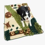 Un border collie heureux couché sur un tapis de fouille XXL en forme de forêt.