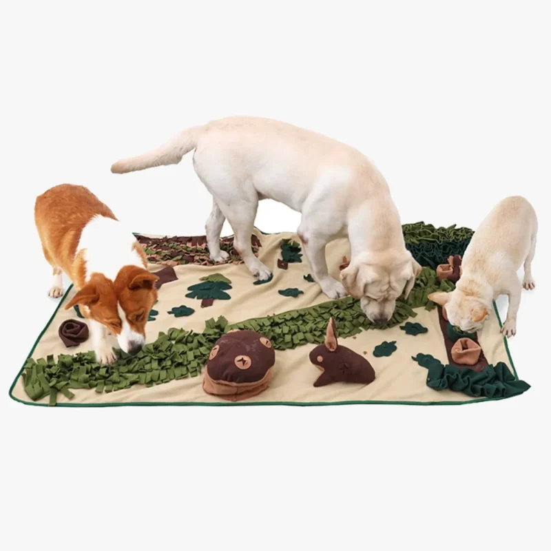 Un Corgi et Un labrador et un bulldog français jouant sur un tapis de fouille XXL pour chien.