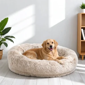 Golden Retriever couché dans un coussin apaisant pour grand chien en fausse fourrure beige