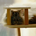 Un chat joue au sommet de l'arbre à chat Un chat joue au sommet de l'arbre à chat