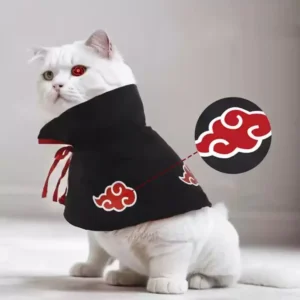 Vue latérale d’un chat blanc portant une cape de ninja.