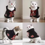 Différents angles montrant un chat blanc avec une cape de ninja.