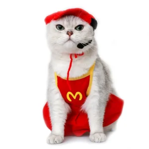 Chat avec un tablier McDonald's en déguisement