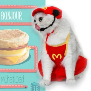 Un chat blanc déguisé en employé McDonald's comme s’il travaillait