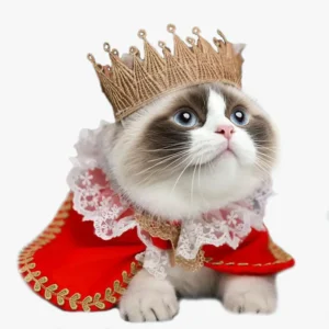 Un chat ragdoll porte un déguisement avec une couronne