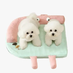 Deux petits chiens blancs heureux sur un coussin pour chien au design cartoon
