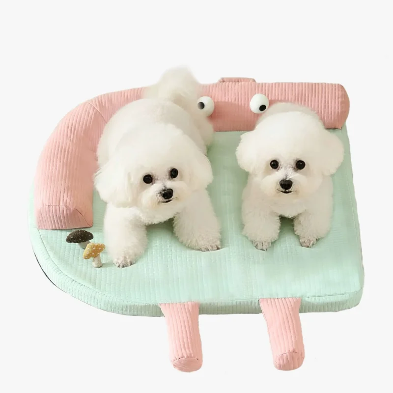 Deux petits chiens blancs heureux sur un coussin pour chien au design cartoon