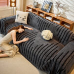 Housse de Protection Canapé Anti-Griffure Chat en Chenille – Style Forêt Abstrait noir