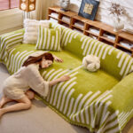 Housse de Protection Canapé Anti-Griffure Chat en Chenille – Style Forêt Abstrait blanc vert